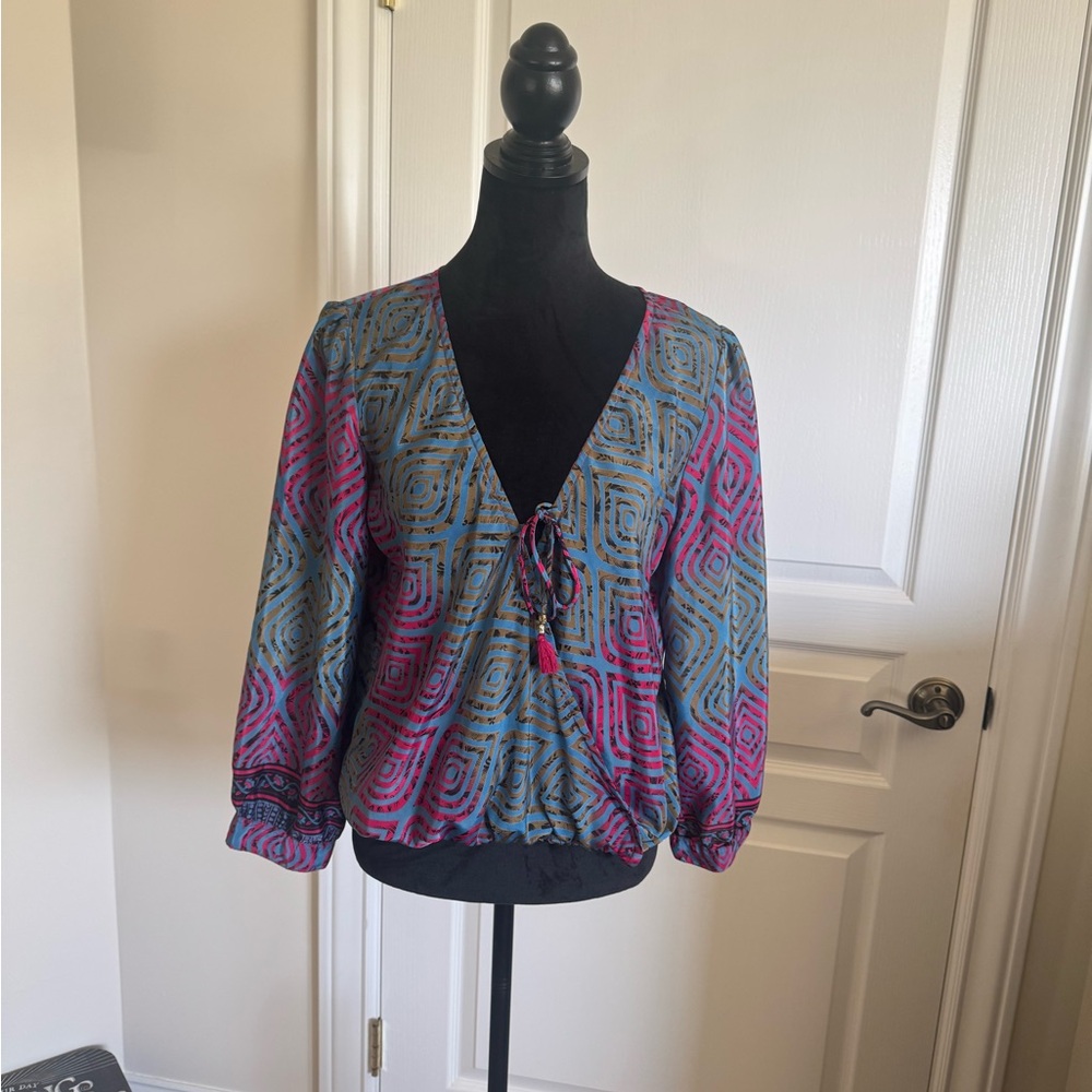 Green and Blue Puff Sleeve Tie Front Blouse